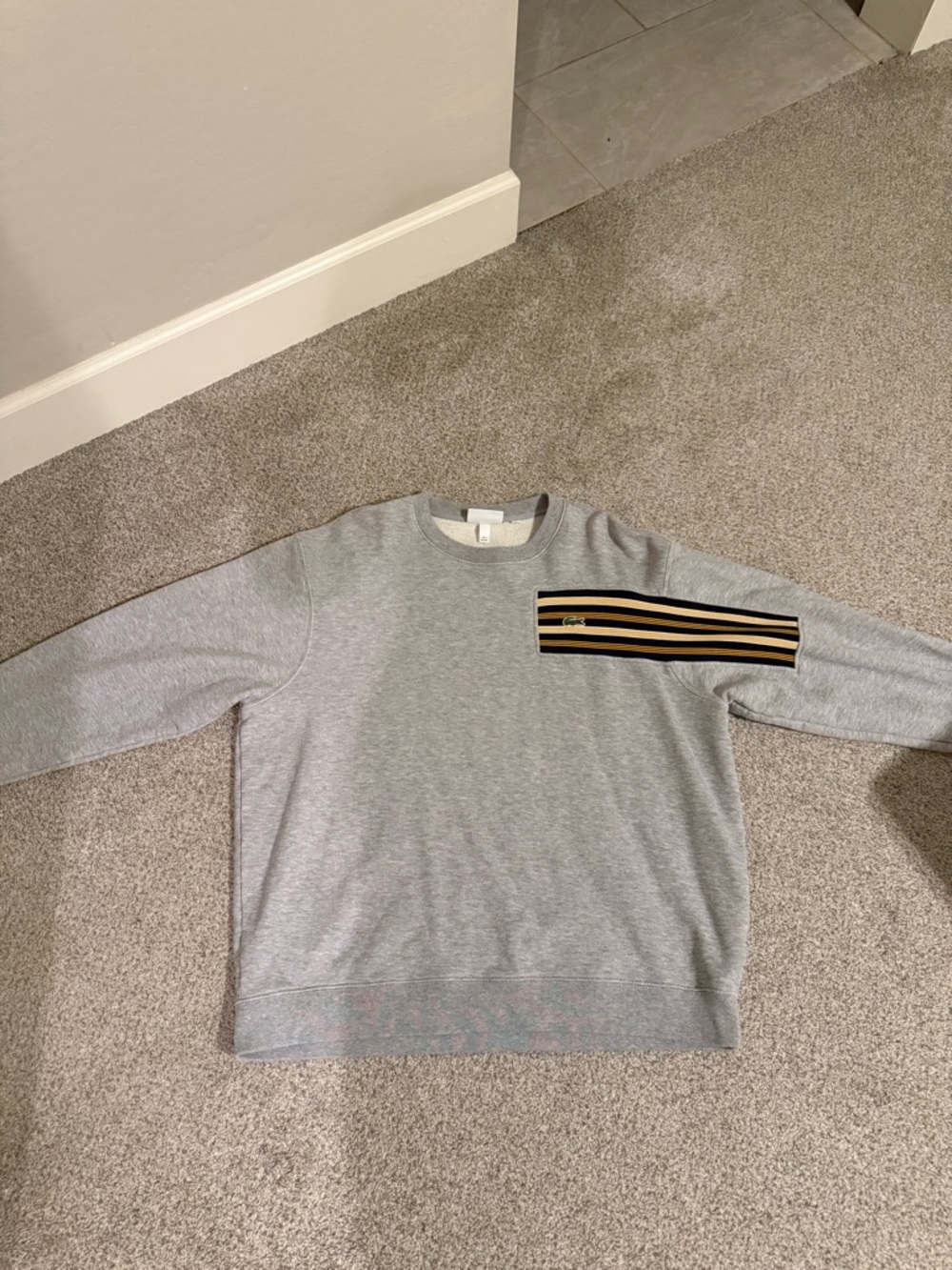 Lacoste Gray Crewneck Sweater with Black and Tan Stripe Detail
